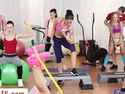 Slutty Angel Wicky and hot Katarina Muti are taking turns on a fitness trainer's stiff penis